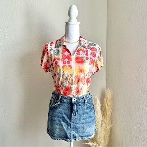 Vintage Semi-Sheer Y2K Butterfly, Ladybug and Roses collared printed blouse
